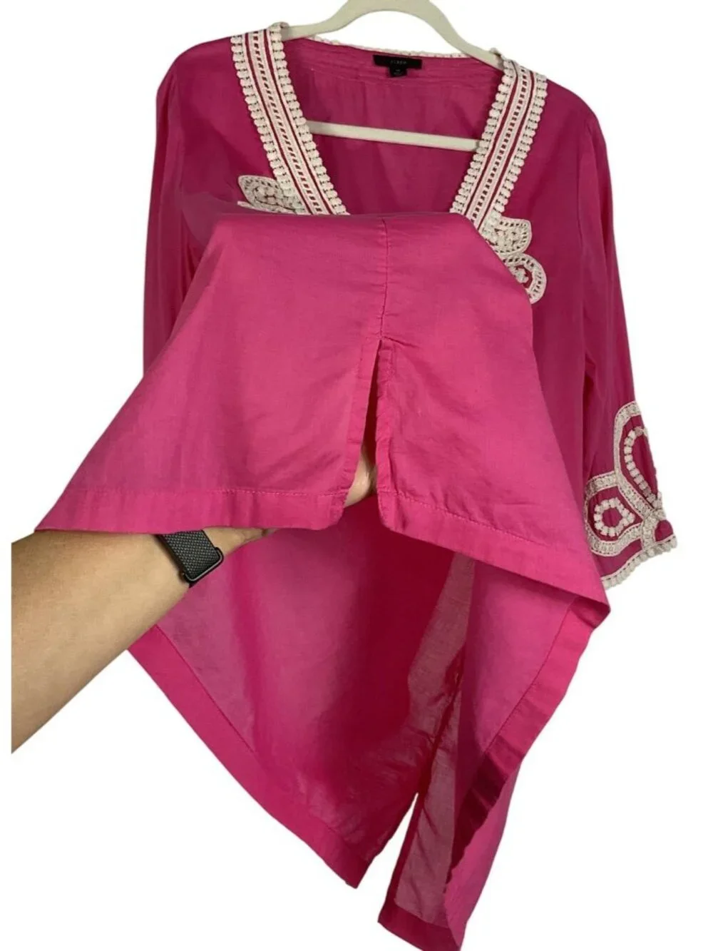 J.Crew Hot Pink Cotton Tunic Top Crochet Lace Beach Cover Up Medium Boho